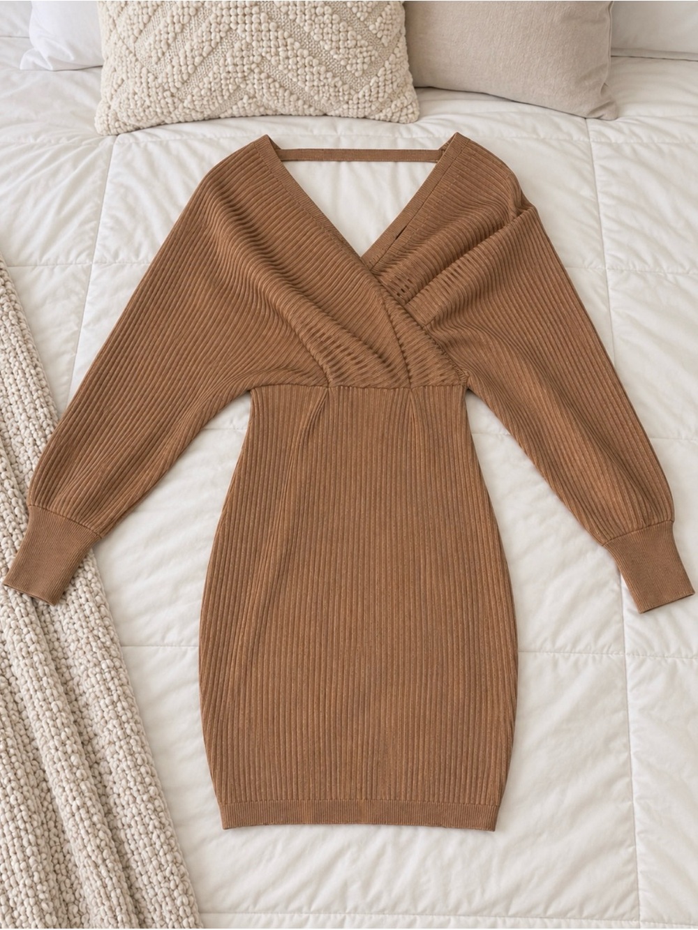 Fashion Nova Ribbed Wrap Long Sleeve Dress — Brown